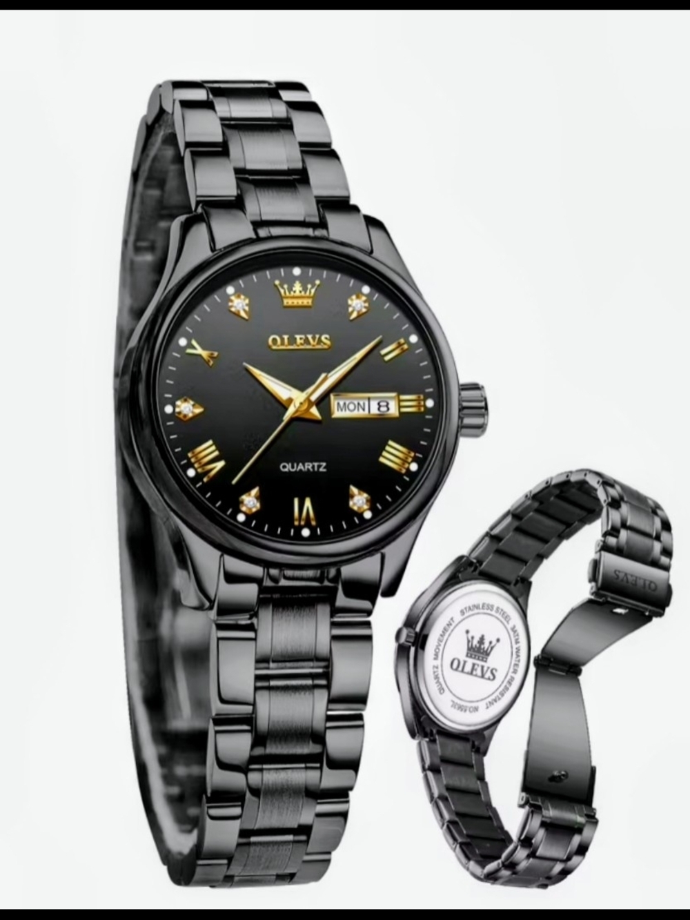 OLEVS Women's Black and Gold Stainless Steel Quartz Watch
